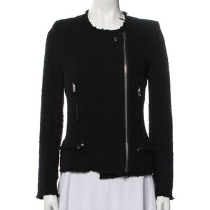 IRO Tweed Cotton Black, Silver Padded Shoulders Zip Up Jacket Size M Women's